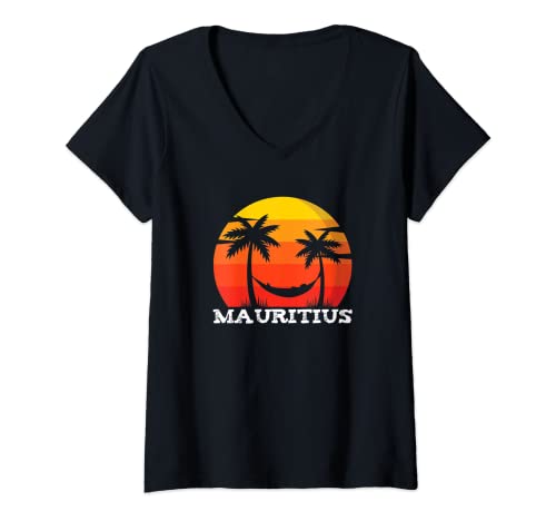 Mujer Mauricio Retro Puesta Del Sol Verano Vintage Vacaciones Mauricio Camiseta Cuello V