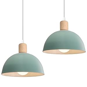 iDEGU Lot de 2 Lustres Suspensions Rétro Suspension Luminaire Moderne Style Demi-Cercle Plafonnier E27 en Bois Métal Lampe Suspension pour Chambre Salle à Manger Cuisine, Ø 20CM (2 Pack Vert)