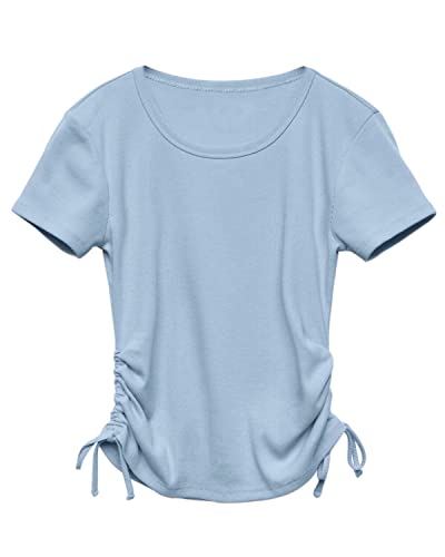 Image of Imily Bela Girls Tees Shirts Cute Crew Neck Short Sleeve Side Drawstring Solid Tops Kids Children Summer Clothes