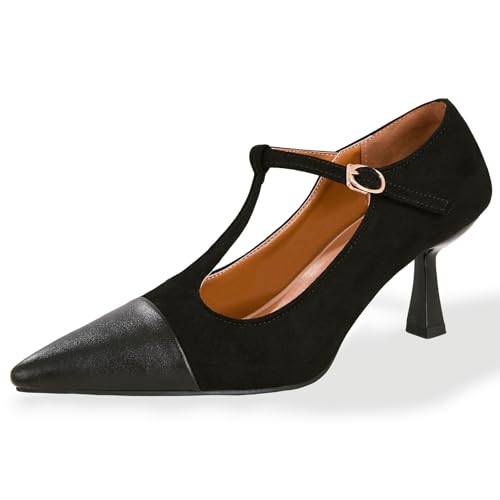 baobeijiadao Women’s Pointed Toe Pumps Mid Kitten Heel T-Strap Heels Ankle Buckle Dressy Wedding Office Shoes