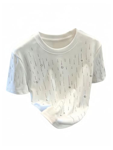 Image of RoseSeek Women's Beaded Sequin Tops Bowknot Bow T Shirt Short Sleeve Crewneck Trendy Tee Top Y2k Tops