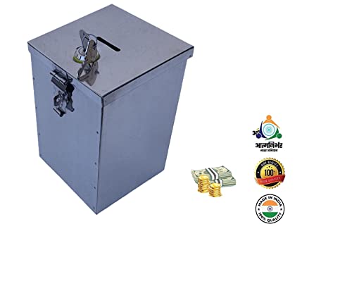 Image of Coin Box,Gullak,Donation,Antique Coin Bank Box Money Organiser Steel Body (7.5 Inch) Box(H- 7.5 inch W-5 inch L-5.5 inch) with Pre Fited Lock & 2key.