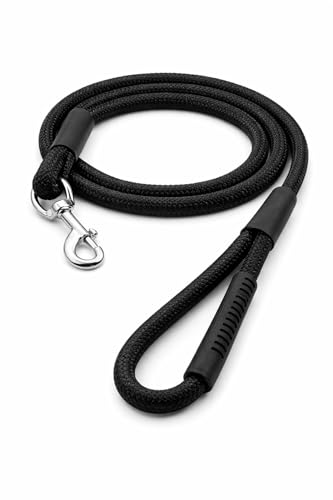 Image of Dog Leash for Large Dogs & Medium Dogs 5 Feet - Heavy Duty Nylon Rope 15mm Thick Leash with Anti Slip Rubber Handle - Tangle Free & Swivel Metal Clip (Black)