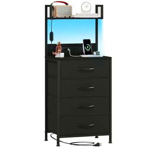 Somdot Black Nightstand with Charging Station and LED Lights, Bedside