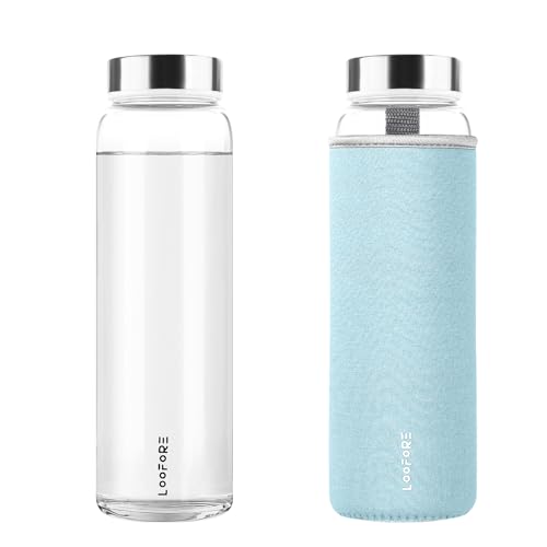 LOOFORE Botella de Cristal de 1 litro, 1L Botella de Vidrio de Borosilicato con Cubierta Protectora para Bebidas Frías y Calientes, Agua Reutilizable para Oficina, Deporte, Camping, Niños y Adultos