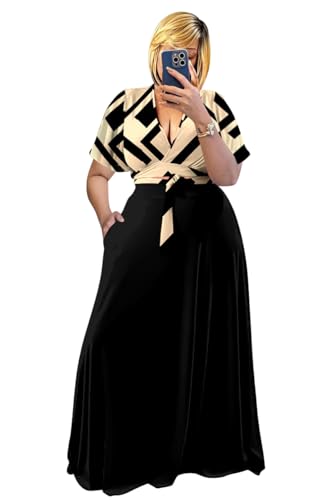 Image of Plus Size Women's 2 Piece Outfits Casual Short Ruffle Sleeve Wrap Crop Top Maxi Long Dress Flowy Matching Sets