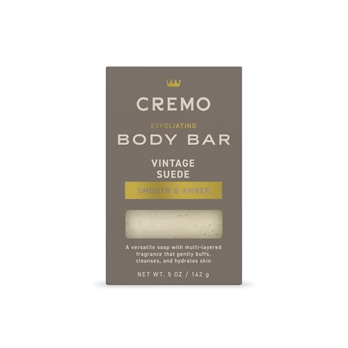 Cremo Exfoliating Body Bar for Men Vintage Suede Scent Multi-Layered Fragrance That Buffs Cleanses and Hydrates Skin 5oz