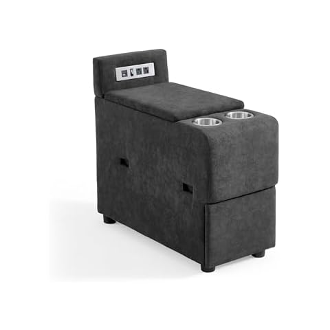 LINSY HOME Versatile Console for Rubik I Modular Sectional Sofa, Multifunctional Side Table Integrated Power, Cup Holders, Table, Storage and Drawer, No Need Assembly, Dark Grey Cover