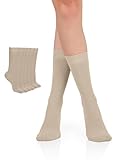 Hugh Ugoli Women Rayon Dress Socks, Extremely Soft Thin Crew Socks for Business, Trouser & Casual, Non-Binding & Breathable, Beige, 3 Pairs, Shoe Size: 6-9