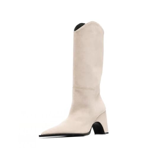 Women's Real Leather Fashion Strange Style Heel Knee High Boots, Large Size Sexy Half Boots for Party, Banquet and Catwalk,6.5,Beige