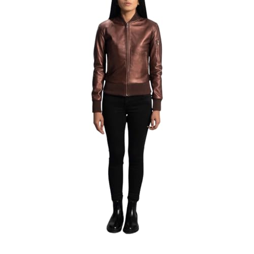 Bronze Leather Bomber Jacket, Ribbed Collar and Cuffs, Full Zip Front, Classic Motorcycle Style