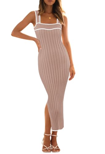 Image of MEROKEETY Womens Summer Striped Bodycon Ribbed Knit Midi Sweater Dress 2026 | Sleeveless Long Tank Dress, Soft, Stretchable, Maternity, Baby Shower, Gender Reveal, Bump Friendly, Beach, Vacation Outfit