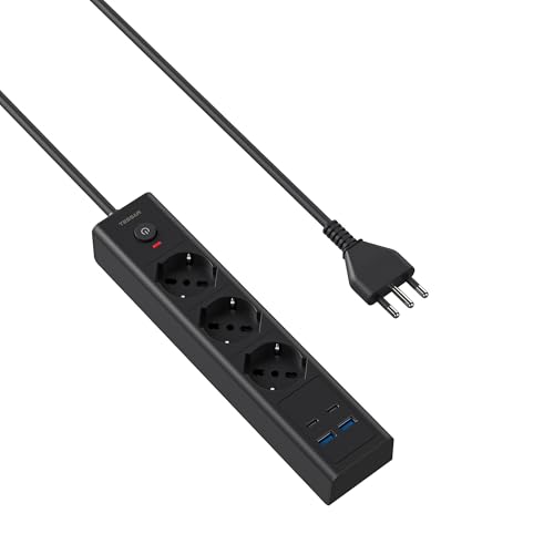 TESSAN Regleta de Enchufe 7 en 1, Alargador Plano con 3 Tomas y 4 Puertos USB, Cable de 2 m con Interruptor, 4000W, Negro