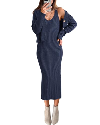BTFBM Women Fall Knit Sweater Dress Set Bodycon Slit Midi Dresses Button Down Long Sleeve Cropped Cardigan 2 Piece Sets(Navy, Medium)