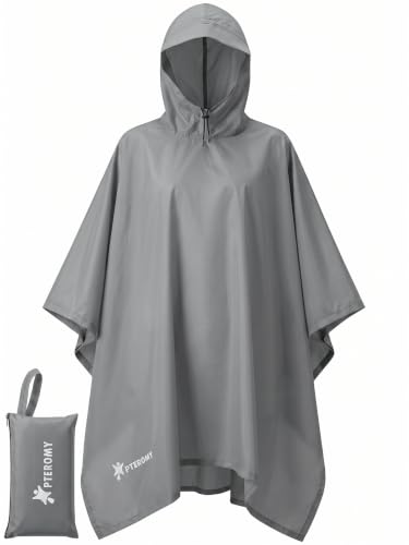 Image of PTEROMY Hooded Rain Poncho for Adult, Waterproof Lightweight Unisex Raincoat for Hiking Camping Emergency