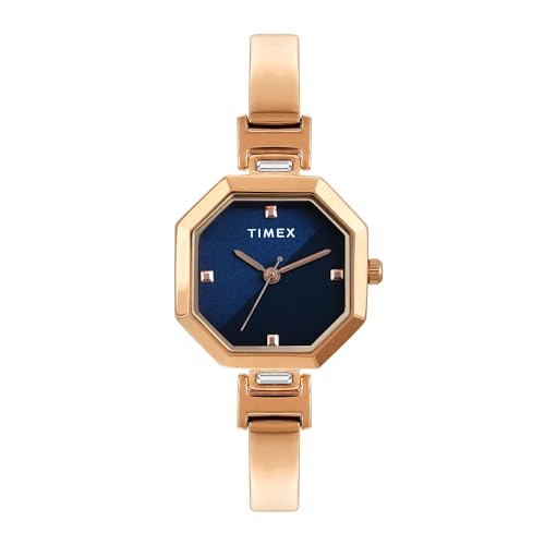 Image of TIMEX Analog Watch for Women with Blue Octagonal Dial & Rose Gold Brass Bracelet Band Water Resistant Women's Wrist Watches - TWEL195SMU03