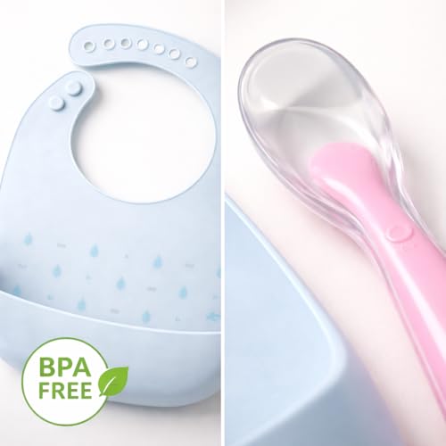 Image of BABYROSE Silicone Baby Bib with Wide Food Catcher Pocket and Soft Tip Spoon, Adjustable Buttons, BPA Free, Waterproof, Blue and Pink, 2 Piece Set for Infants and Toddlers