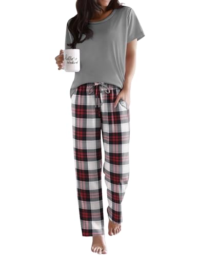 Image of Ekouaer Pajama Sets for Women Round Neck Pjs Short Sleeve Sleepwear with Long Pants Loose Lounge Sets