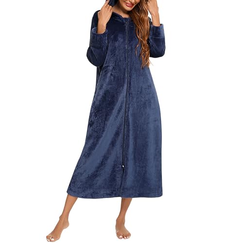 Flodxo Bademantel mit Reißverschluss für Damen, flauschig, Fleece, superweich, Kapuze, Plüsch, lange Länge, warm und gemütlich, Loungewear
