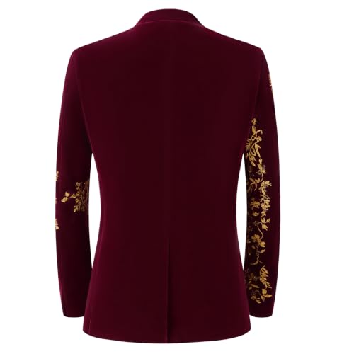DAMANGUAN Men's Black Velvet Blazer with Gold Floral Embroidery, Slim Fit Suit Jacket for Wedding, Party, Banquet, Prom (US, Alpha, Large, Regular, Regular, Red Yellow) - image 2
