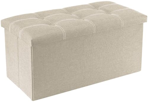 Image of JUGTE Folding Storage Ottoman, Long Sofa Bench, Fabric Linen Footrest Stool for Makeup Cosmetic Laundry, Toys Storage Organizer Bin Box with Lidded Cover (Beige)