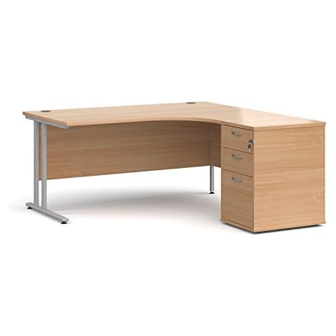 Mr Office Maestro 25 right hand ergonomic desk with silver cantilever frame and desk high pedestal bundle, Beech, 1600 Cover