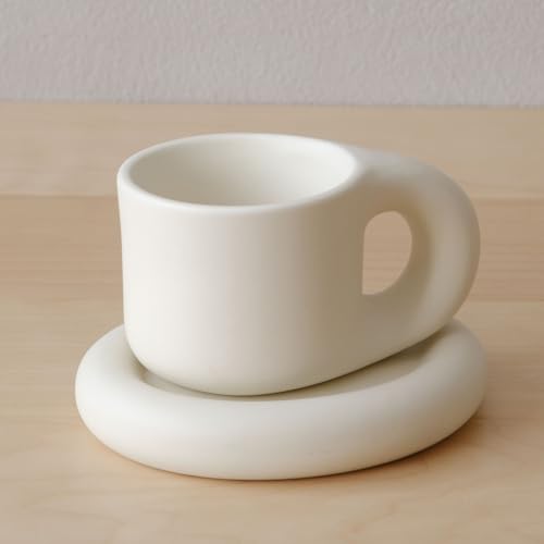 WENSHUO Chubby Funny Coffee Mug, Novelty Cute Cup and Saucer, Matte Crème, 9 oz (Matte Crème)