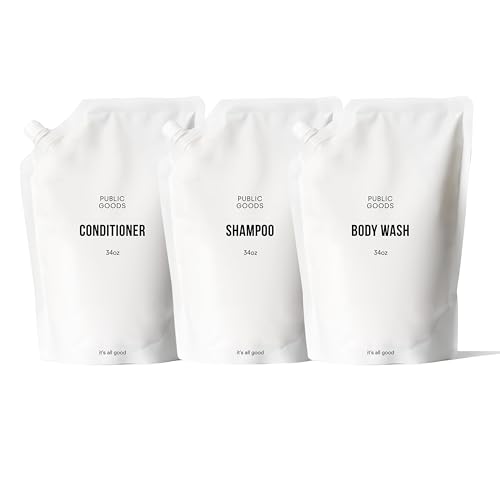 Public Goods Shower Essentials for Men and Women | Natural Shampoo, Conditioner & Body Wash | Made with Organic Essential Oils | Sulfate & Paraben Free | Vegan Friendly | 34 Fl Oz Refill