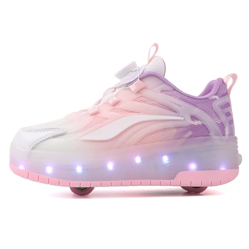 FANSU Schuhe mit 2 Rollen Jungen Mädchen Größe 30-40, LED Leuchtend 2 in 1 Kinder Rollschuhe Rollen Abnehmbar Skateboardschuhe Einziehbar Outdoor Sportschuhe, Gradient (Lila,36)
