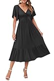 AUSELILY Women's Summer Empire Waist Dress Casual V Neck Short Flutter Sleeve Midi Dresses 2026 Black XL