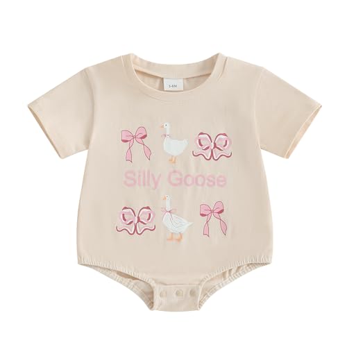 Summer Clothes Newborn Baby Girl Short Sleeve Bubble Romper Bow Goose Printed Bodysuit Top