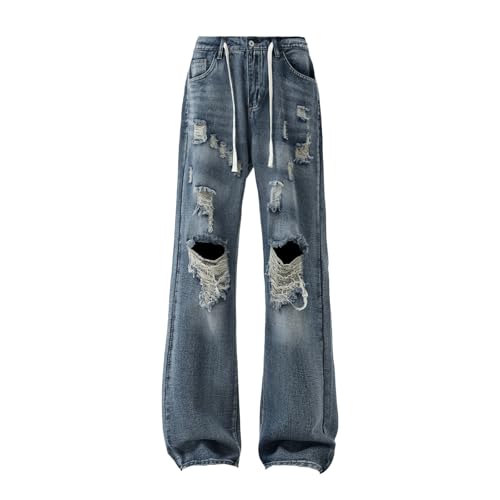 Men’s Baggy Ripped Jeans Distressed Wide Leg Denim Pants with Drawstring Waist Destroyed Holes Streetwear Style