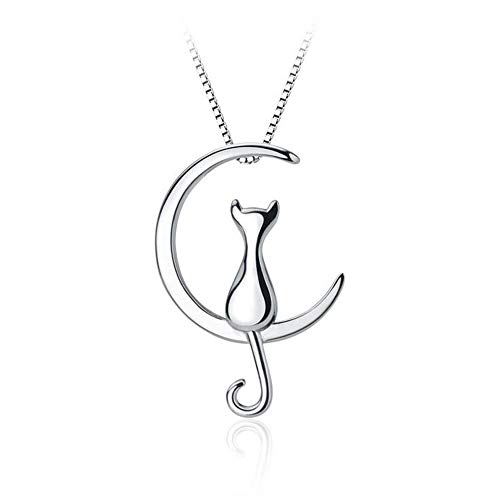 Belons - Collar para mujer de plata de ley 925 con colgante de gato en luna con colgante de gatito creciente de luna, plata de ley, circonita cúbica