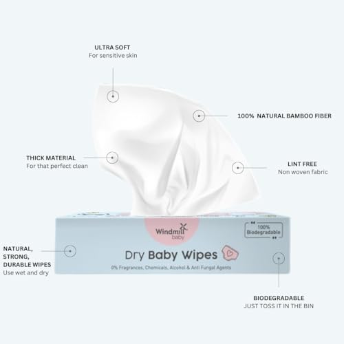Windmill baby Natural Dry Baby Wipes, 100% Hypoallergenic Chemical Free Bamboo Wipes, Fragrance Free, for rash free diapering, perfect for newborns, 20cm x 20cm - Pack of 3 (72 count each)