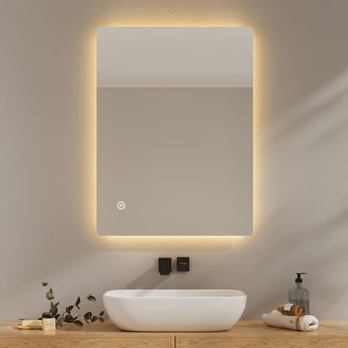 EMKE Badspiegel mit Beleuchtung 60x80cm, Badezimmerspiegel mit Beschlagfrei, 3 Lichtfarben dimmbar,...