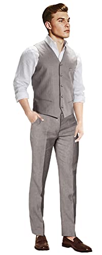 ZKHOECR Lässiger Leinenanzug für Herren, 2-teilig, schmale Passform, Hochzeitsanzüge, Abschlussball, Bräutigam, Smoking, Strandanzug, Weste, Hose, GRAU, S – Bild 5