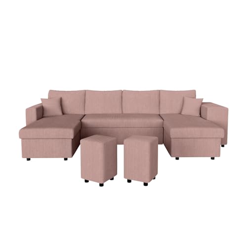 LOUNGITUDE Canapé d'angle panoramique Oslo Convertible avec 2 coffres et 2 poufs en Velours côtelé