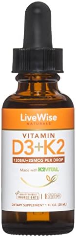 Vitamin D3 with K2 Liquid Drops, All Natural, Non-GMO, 1208iu D3 and 25mcg K2 (mk7) per Serving, Support Your Bones, Immune System and Energy Levels, with or Without Peppermint Oil