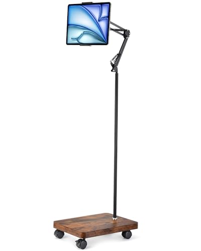 HULISEN Tablet Floor Stand with Wheels 5lb Wood Base Rolling Tablet Stand Adjustable Height & Angle with 360 Rotatable Holder for Bed Couch Compatible with iPad Cell Phone Kindle Tablets 4.713