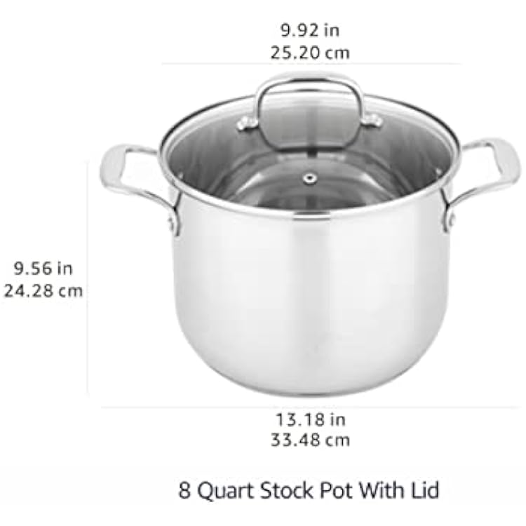 Amazon Basics Stainless Steel Induction Compatible Stock Pot with Glass Lid, Oven Safe, Dishwasher Safe, Sturdy, 8 Quart, Silver