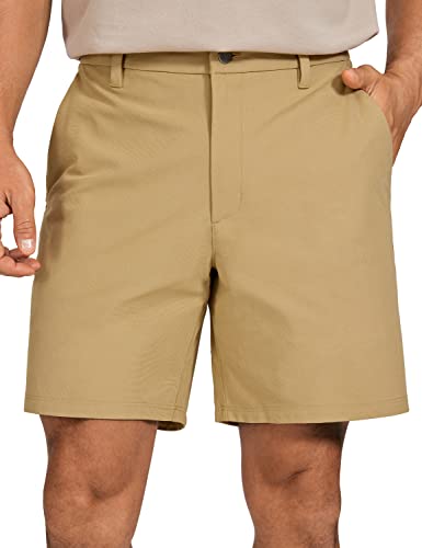 CRZ YOGA Men's All Day Comfy Golf Shorts - 7' Stretch Lightweight Flat Front for Casual Work with Pockets Khaki Sand 36W x 7L