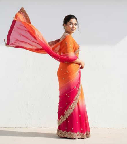 Image of Amazon Brand - Tavasya Fancy Fendy Satin Silk Saree with Multi Sequence Embroidery Work | Heavy Embroidered Wedding Party look Saree with Running Blouse Piece