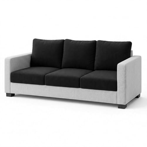 Image of FURNY Haster 3 Seater Fabric Sofa Set (Black-Light Gray) with Velvet Finish | Durable Comfort | Ideal for Living Room