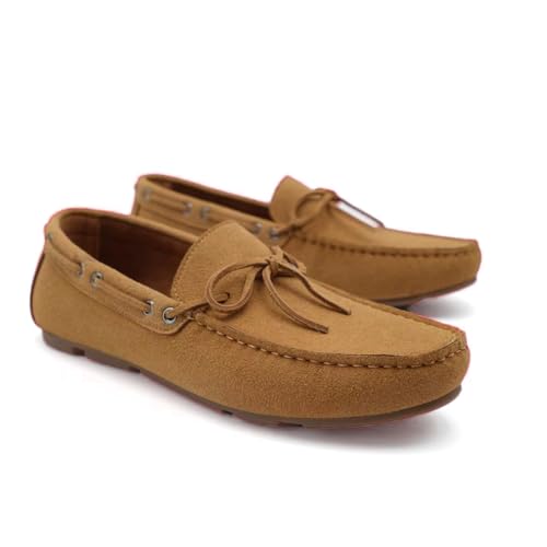 Men's Classic Suede Driving Moccasins, Tan Brown, Slip-on Boat Shoes with Bow Tie, Casual Loafers2