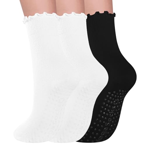 Image of 3 Pairs Pilates Socks with Grips for Women Non Slip Grip Ruffle Yoga Ankle Grippy Socks