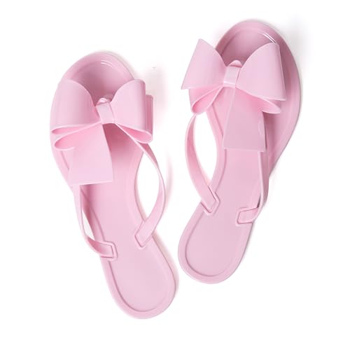 Image of Mtzyoa Women Flip-Flops Flat Sandals Jelly Bow Beach Flat Rivets Rain Cute Dressy Summer Sandals