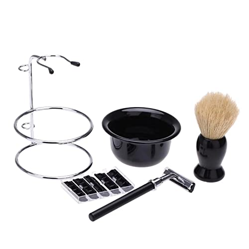 Set de Afeitado Para Hombres,kit de afeitado manual,Kit de Afeitado Para Barba Con Afeitadora de Acero Inoxidable, Soporte Para Afeitadora, Tazón de Afeitado Y Brocha Para El Cuidado de La Barba