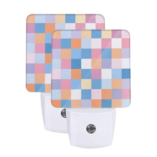 Image of Colorful Checkered LED Plug-in Night Light 2-Pack, Auto Sensor Wood Print Nightlights Set of 2 for Bedroom Bathroom Stairs