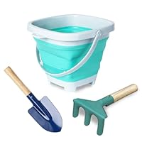 OKGD Collapsible Beach Bucket for Kid Toddler,Toddler Outdoor Toys Shovel and Rake Made of Metal for Kids Beach Travel