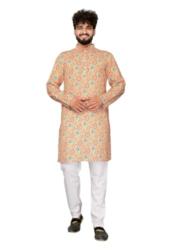 Image of LookMark Men's Cotton Blend Printed Long Kurta Suitable for All Indian Wedding, Occasions, and Festivals